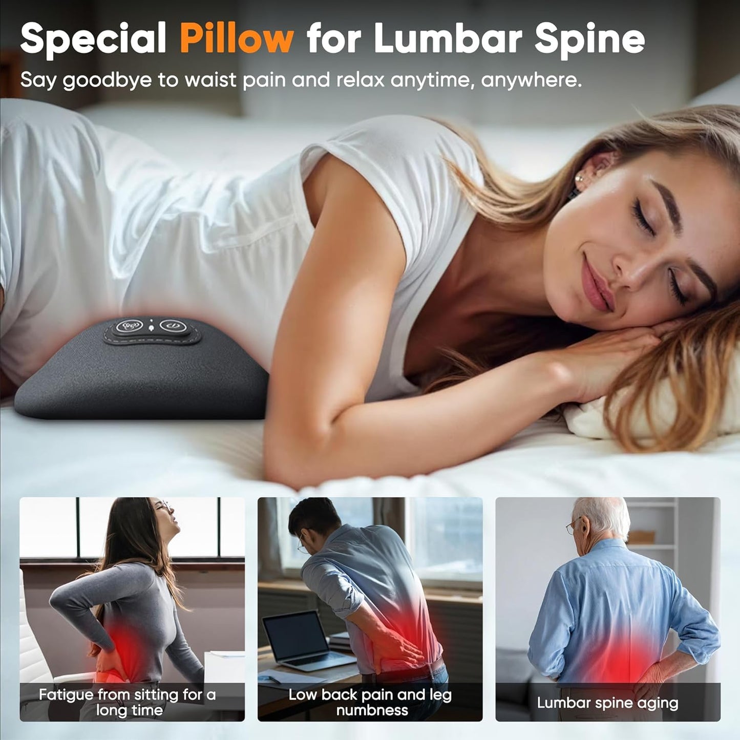 RelaxLumbar™ – Coussin électrique 3-en-1 : Massage, Chaleur & Traction