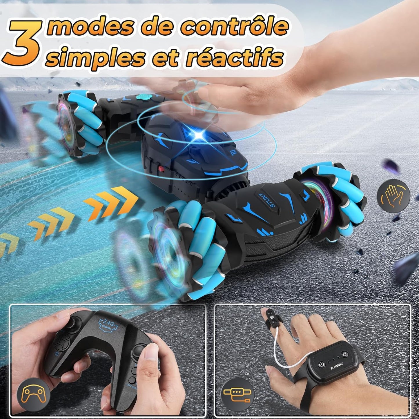 PowerTwist™ – Voiture Télécommandée 3-en-1 à Contrôle Gestuel & Cascades 360°